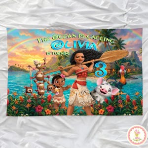 Personalized Moana Birthday Backdrop, Princess Birthday Banner, Custom Name Age Moana Maui Backdrop, Kids Birthday Backdrop Gift For Girl image 3