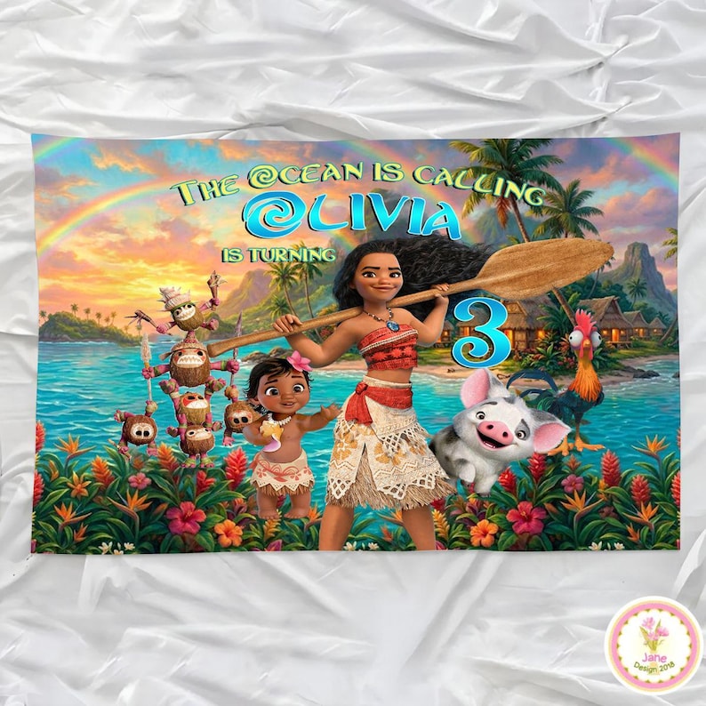 Personalized Moana Birthday Backdrop, Princess Birthday Banner, Custom Name Age Moana Maui Backdrop, Kids Birthday Backdrop Gift For Girl image 3