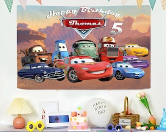 Fondo personalizado de la película Cars de Disney para cumpleaños, pancarta de cumpleaños de Cars, decoración de cumpleaños de Rayo McQueen, fiesta de cumpleaños de Cars, decoración para fiestas de Cars
