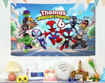 Personalized Spidey and His Amazing Friends Birthday Banner, Spidey Birthday Party Tapestry, Spiderman Banner, Superhero Backdrop for Kids