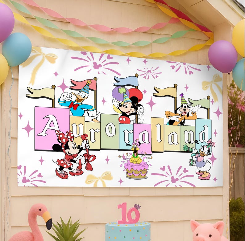 May include: A rectangular party banner featuring the text Auroraland in colorful block letters. The design includes illustrations of Mickey Mouse, Minnie Mouse, Donald Duck, Daisy Duck, Goofy, and Pluto wearing party hats, surrounded by fireworks.