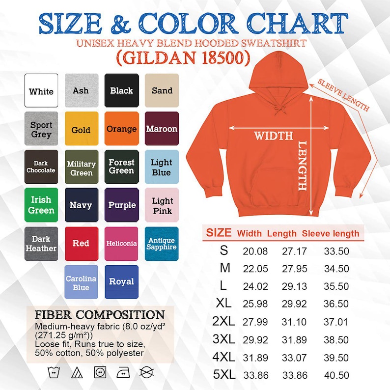 Op de afbeelding: Een maat- en kleurentabel voor een unisex hoodie van zware mix. De tabel bevat kleurstalen en maatvoeringen in cm voor breedte, lengte en mouwlengte. De hoodie is oranje, en de samenstelling van de stof staat vermeld.
