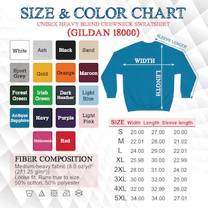 K&ouml;nnte beinhalten: Eine Gr&ouml;&szlig;en- und Farbtabelle f&uuml;r ein Unisex-Crewneck-Sweatshirt aus schwerem Mischgewebe. Die Tabelle zeigt verschiedene Farben wie Wei&szlig;, Schwarz und Marineblau. Sie enth&auml;lt Ma&szlig;e in cm f&uuml;r Breite, L&auml;nge und &Auml;rmell&auml;nge.