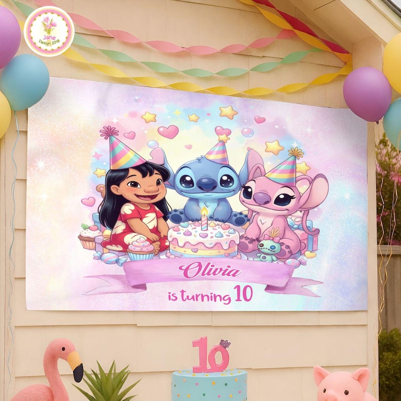 May include: A birthday party backdrop featuring Lilo & Stitch characters, a cake, and the text "Olivia is turning 10." The backdrop is decorated with pastel colors, hearts, and stars. Balloons and streamers are also visible.