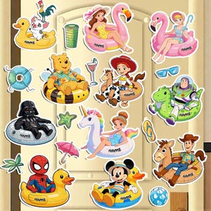 May include: A collection of colorful cartoon character stickers, each depicted relaxing on inflatable pool floats. Characters include Winnie the Pooh, Darth Vader, Spider-Man, and Disney princesses. The stickers are designed with a summer or vacation theme.
