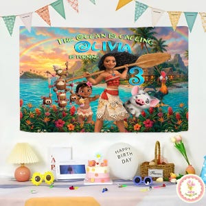 Personalized Moana Birthday Backdrop, Princess Birthday Banner, Custom Name Age Moana Maui Backdrop, Kids Birthday Backdrop Gift For Girl image 1