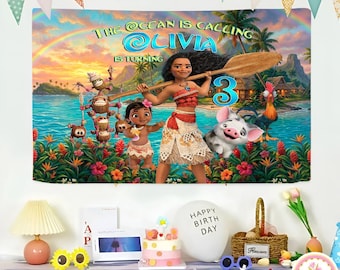 Personalized Moana Birthday Backdrop, Princess Birthday Banner, Custom Name Age Moana Maui Backdrop, Kids Birthday Backdrop Gift For Girl
