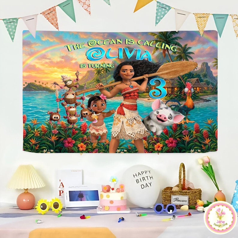 Personalized Moana Birthday Backdrop, Princess Birthday Banner, Custom Name Age Moana Maui Backdrop, Kids Birthday Backdrop Gift For Girl image 1