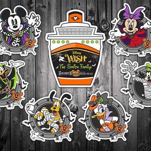 May include: A collection of Halloween-themed Disney character stickers. Mickey Mouse, Minnie Mouse, Donald Duck, Daisy Duck, Goofy, and Pluto are featured in spooky costumes. A cruise ship sticker with the text "Disney Wish" is also included.
