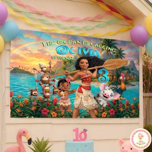 Personalized Moana Birthday Backdrop, Princess Birthday Banner, Custom Name Age Moana Maui Backdrop, Kids Birthday Backdrop Gift For Girl image 2
