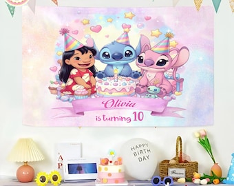 Pancarta de cumpleaños personalizada de Lilo y Stitch, tapiz para fiesta de cumpleaños de Stitch, pancarta de Stitch y ángel, telón de fondo de Stitch para niños, regalos para niños