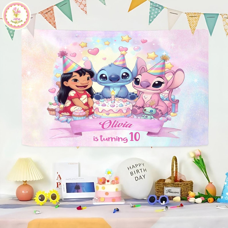 May include: A birthday party banner featuring Lilo, Stitch, and Angel characters. The banner has a pastel background with stars and hearts. The text "Olivia is turning 10" is displayed on a pink ribbon. Party decorations include a cake, balloons, and a table setting.