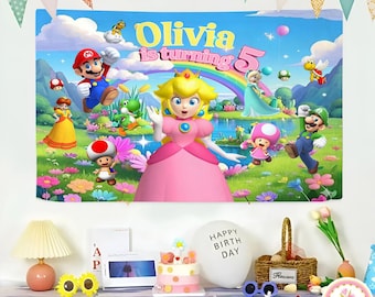 Custom Princess Peach Birthday Backdrop, Super Mario Personalized Banner, Mario Party Decorations, Super Mario Birthday Theme Wall Tapestry