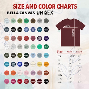 K&ouml;nnte beinhalten: Gr&ouml;&szlig;en- und Farbtabelle f&uuml;r Unisex-Bekleidung von Bella Canvas. Enth&auml;lt eine Farbpalette mit verschiedenen Farbt&ouml;nen und eine Gr&ouml;&szlig;entabelle mit Ma&szlig;en in Zoll f&uuml;r XS bis 4XL. Die Tabelle zeigt auch die Breite und L&auml;nge der Shirts.