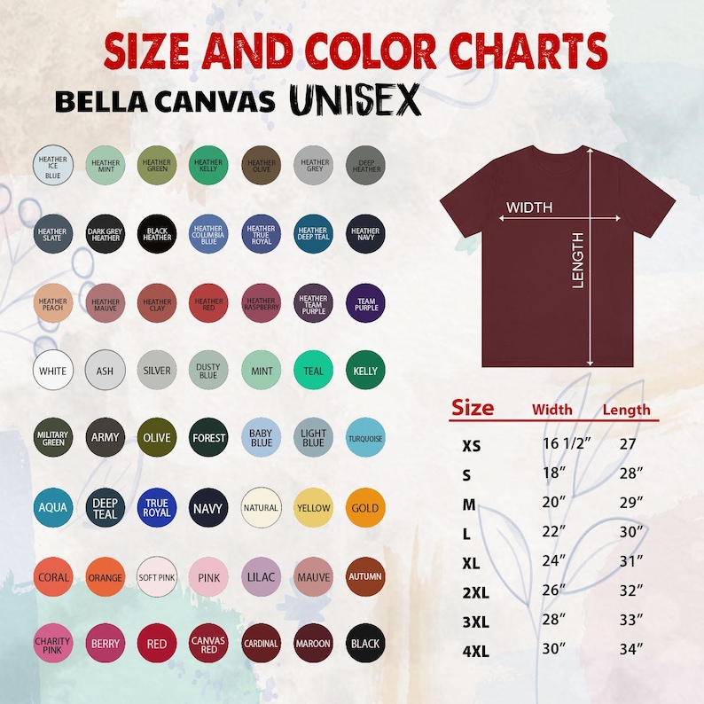 K&ouml;nnte beinhalten: Gr&ouml;&szlig;en- und Farbtabelle f&uuml;r Unisex-Bekleidung von Bella Canvas. Enth&auml;lt eine Farbpalette mit verschiedenen Farbt&ouml;nen und eine Gr&ouml;&szlig;entabelle mit Ma&szlig;en in Zoll f&uuml;r XS bis 4XL. Die Tabelle zeigt auch die Breite und L&auml;nge der Shirts.