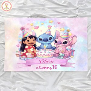 May include: A colorful birthday-themed illustration featuring Lilo, Stitch, and Angel characters. The image includes a cake with a lit candle, cupcakes, and the text "Olivia is turning 10" on a banner. The background has stars and hearts.