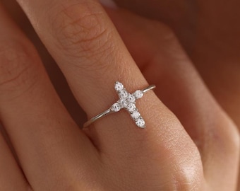 Lab Grown Diamond Cross Ring, Dainty Religious Jewelry, Christian Gift For Her