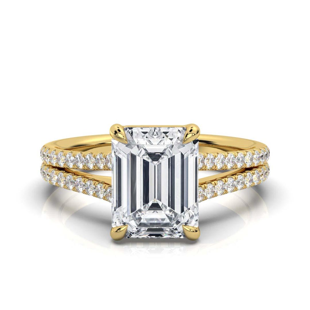 14K Yellow Gold Split Shank Lab Grown Diamond Engagement Ring: Emerald ...