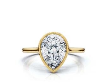 Pear Cut 2.00 Carat Lab Grown Diamond Ring: 14K Gold Bezel Solitaire
