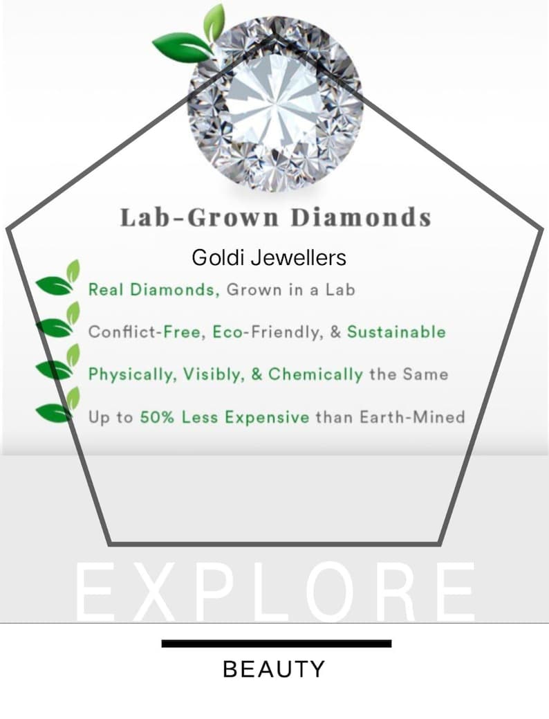 K&ouml;nnte beinhalten: Ein funkelnder, im Labor gez&uuml;chteter Diamant wird oben im Bild gezeigt, mit dem Text "Lab-Grown Diamonds" und "Goldi Jewellers." Das Bild hebt die Diamanten als konfliktfrei, umweltfreundlich und bis zu 50 % g&uuml;nstiger als abgebaut hervor. Das Wort "EXPLORE" steht unten.