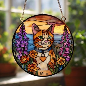 Personalized Cat Memorial Stained Glass Suncatcher, Loss of Pet Sympathy Gift, Cat With Name Suncatcher, Cat Decor, Custom Pet Image Gift
