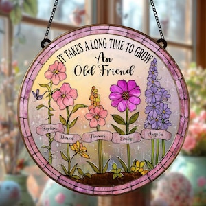 Personalized Old Friend Stained Glass Suncatcher – Custom Floral Window Hanging with Names Suncatcher  – Friendship Gift for Best Friends