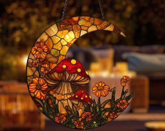 Enchanted Crescent Moon 2D Acrylic Suncatcher with Mushrooms and Flowers, Acrylic Hanging Art for Fairycore or Cottagecore Room Decor