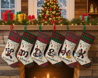 Personalized Name Cartoon Christmas Stocking – Customized Holiday Stocking for Kids, Plaid Xmas Decor Gift, Disney Character Stocking Kids