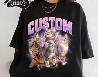 Custom Vintage Bootleg Pet Portrait Tee, Personalized Cat Dog Photo Shirt