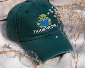 Bookworm Embroidered Washed Cap– Cute Comfort Colors Hat for Book Lovers, Bookish Gifts, Embroidered Hat
