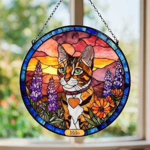Personalized Cat Memorial Stained Glass, Loss of Pet Sympathy Gift, Cat With Name Suncatcher, Cat Suncatcher, Custom Cat Image Gift,Loss Cat