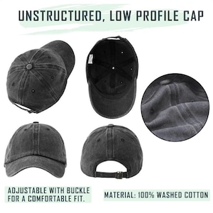 May include: A black, unstructured, low-profile cap made of 100% washed cotton. The cap features an adjustable buckle for a comfortable fit. The image shows the cap from multiple angles, including the top, bottom, front, and back.