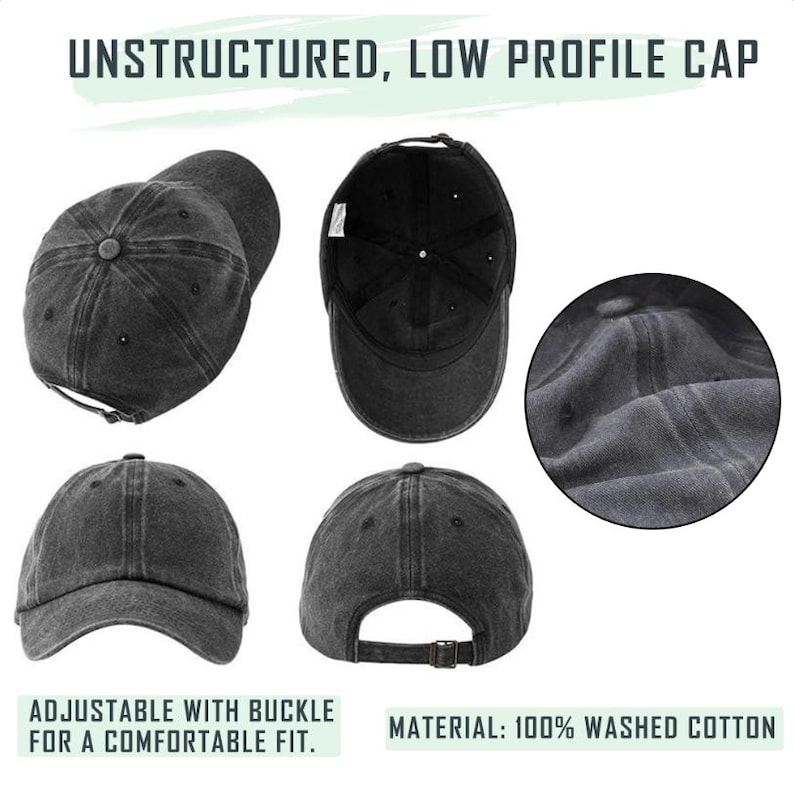 May include: A black, unstructured, low-profile cap made of 100% washed cotton. The cap features an adjustable buckle for a comfortable fit. The image shows the cap from multiple angles, including the top, bottom, front, and back.