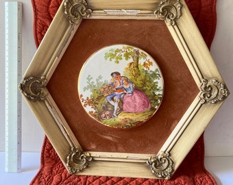Vintage French Romantic Porcelain Plaque Wall Art | Hexagonal Velvet Shadow Box Frame | Courting Couple Scene