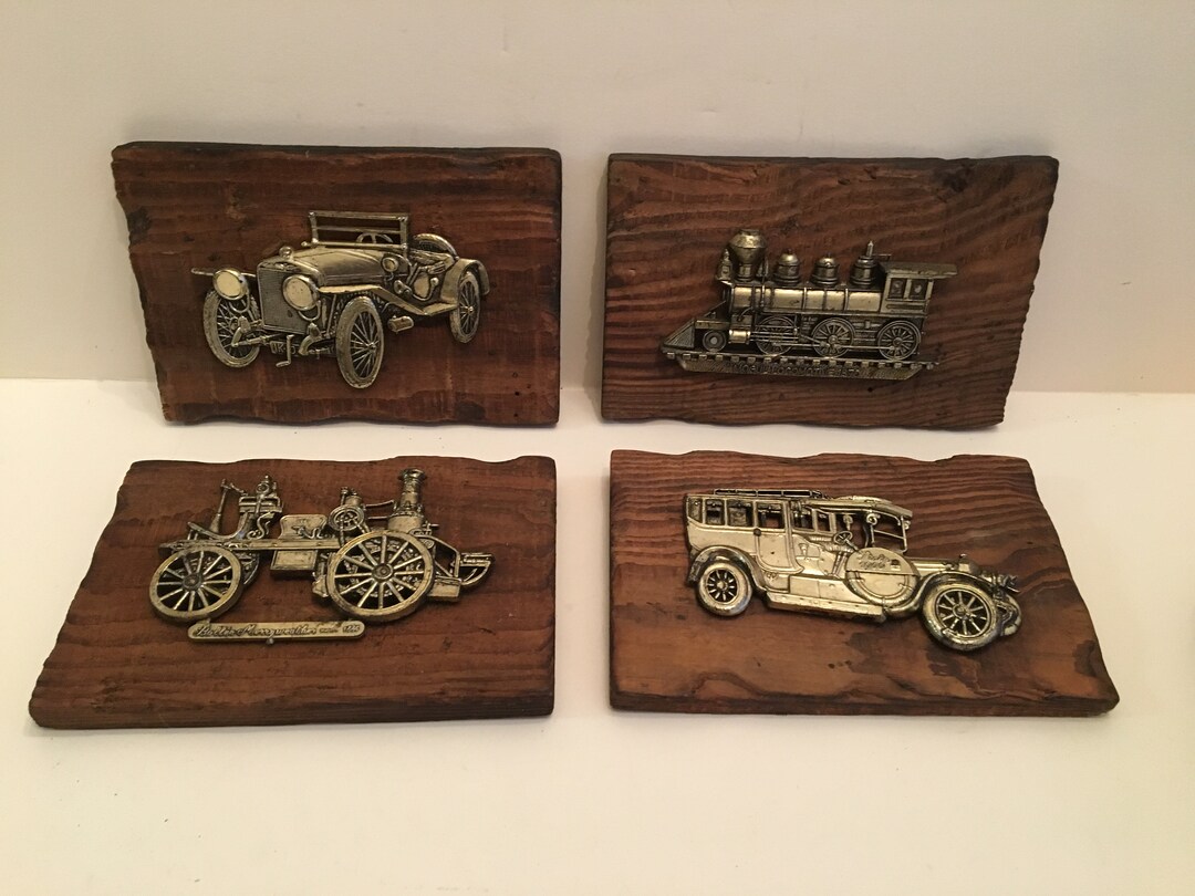 4pc Vintage Metal Cars Mounted on Wood/old Cars Wall Art 6.5x4.2/wall