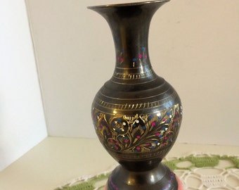 Vintage Brass Hand designed flower Vase-6&quot;Tall hand Painted Hand grooved (Mina design) Ethnic Brass Metal Vase/ Flower vase