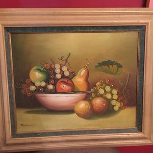 Vintage Oil Painting- &quot;Still Life&quot;-27&quot;x 23&quot;/ Signed by Rainbow/ Vintage Oil Art / Still Life Fruits/ Mid Century Oil painting Original
