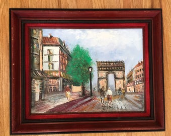 Pintura al óleo vintage de una calle, pintura original enmarcada, firmada, 45 x 54 cm. Pintura al óleo original. Adorable pintura al óleo enmarcada de una calle.