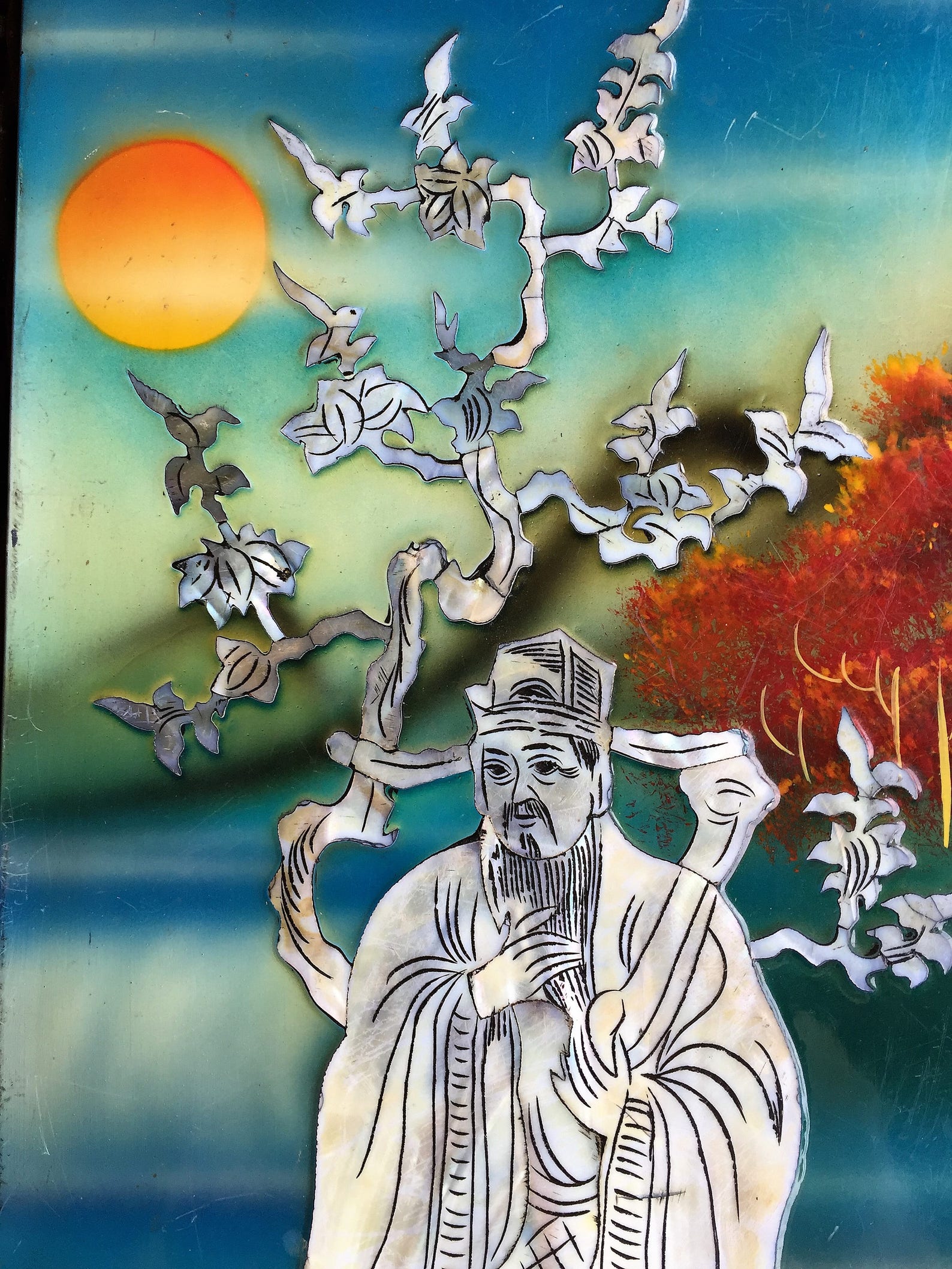 Vintage Carved Mother of Pearl Wall Hanging Art Black Lacquer Etsy