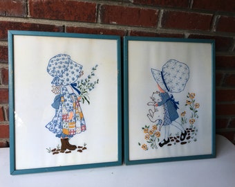 1970s Holly Hobbie 2Pc Hand Stitched Needle work Framed 17&quot;x13.8&quot;/ Unoque vintage Needle work -Holly Hobbie