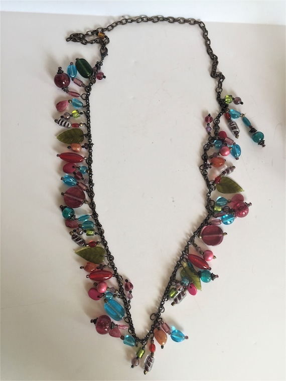 vintage 48" Multi-color beaded chain Necklace-Met… - image 1