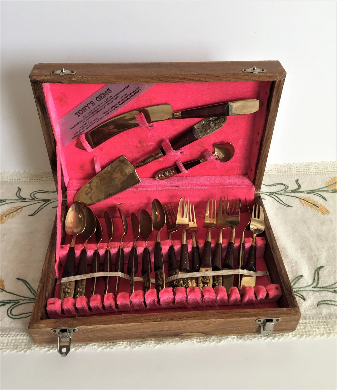 Vintage SIAM 19 Piece Brassbronze Teak Flatware Set Tonys Gems Factory