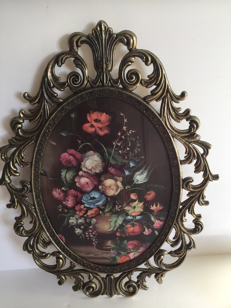 1950s Italian Fl Art Oval Brass Framed Concave Glass Image 0