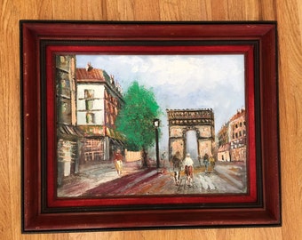 Retro Vintage Oil Painting of a STREET, Original Oil Painting Framed-Signed 18"X 21.5"/ Original Oil painting on Canvas