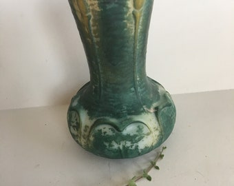 Jarrón de cristal Fostoria vintage, decoración verde pintada a mano (7x4,8)