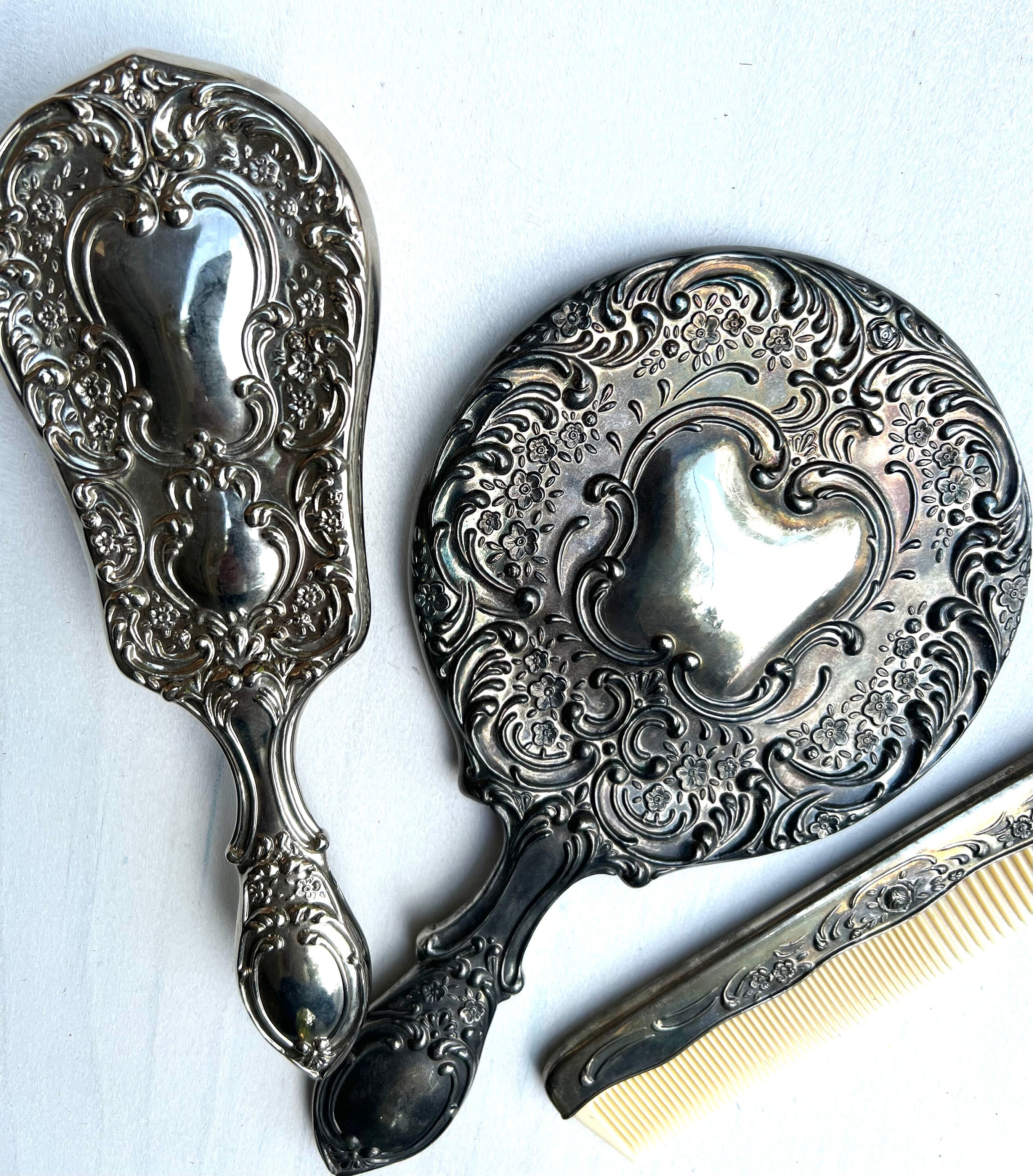 3pc Vintage Vanity Sets of Mirror, Comb and Brush/ Ladies 