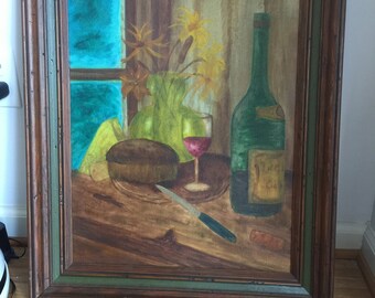 Vintage Still Life Original Oil Painting-"Dining Table"25"x20.5"/ Original Contemporary Oil painting of a Still Life wirth Wine bottle