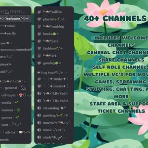Op de afbeelding: Een digitale afbeelding met een donkere achtergrond met een lijst met chatkanalen, waaronder welkomst-, algemene en deelkanalen. De afbeelding benadrukt ook kanalen voor films, games, streaming en meer. Roze lotusbloemen en waterlelies op de achtergrond.
