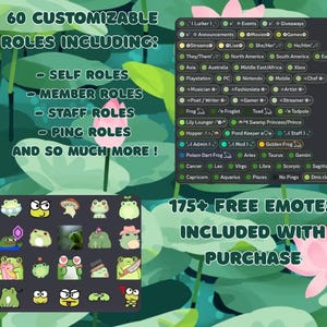 Op de afbeelding: Digitale afbeelding met een achtergrond van waterlelies. De afbeelding bevat tekst met de tekst "60 aanpasbare rollen inclusief" en "175+ gratis emotes inbegrepen bij aankoop". Er zijn ook kikker-thema emotes en een lijst met rolopties.