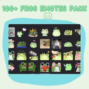 May include: A digital pack of over 100 frog emotes, each with a unique design, set against a dark backdrop. The words "100+ FROG EMOTES PACK" are displayed above, with a Discord logo. The emotes feature diverse frog characters.